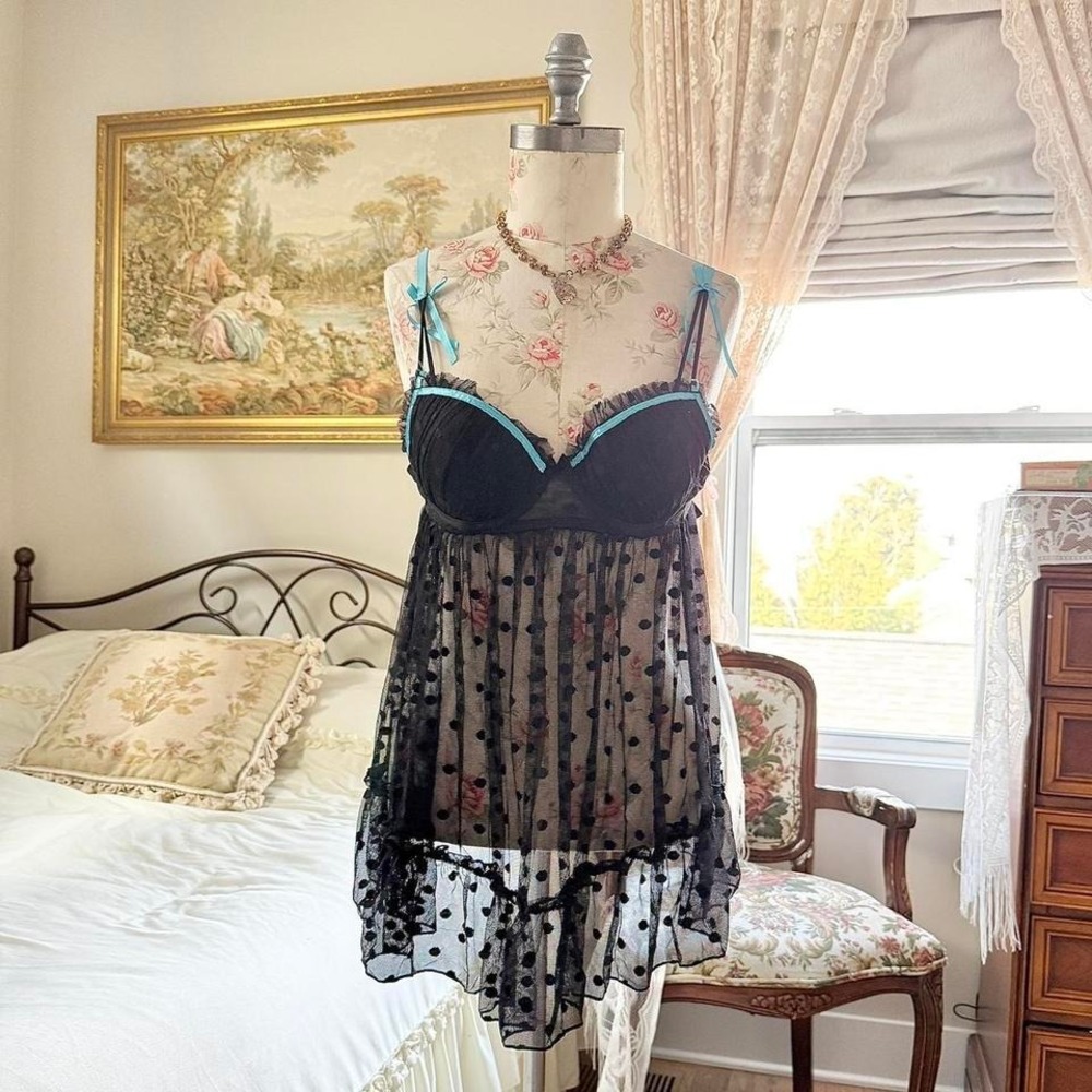 black polkadot babydoll dress  Y2K black‎ polka dot babydoll lingerie dress